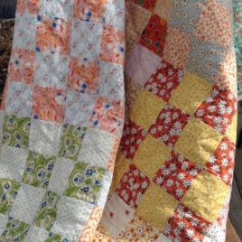 Handmade Quilt, Modern, Machine Quilted, Yellow, White, Orange, Green, Blues -“Sunshine Quilt